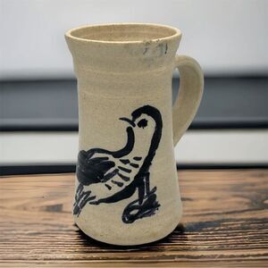 Vintage Primitive Blue Bird Glazed Studio Pottery Mug Artist Mark